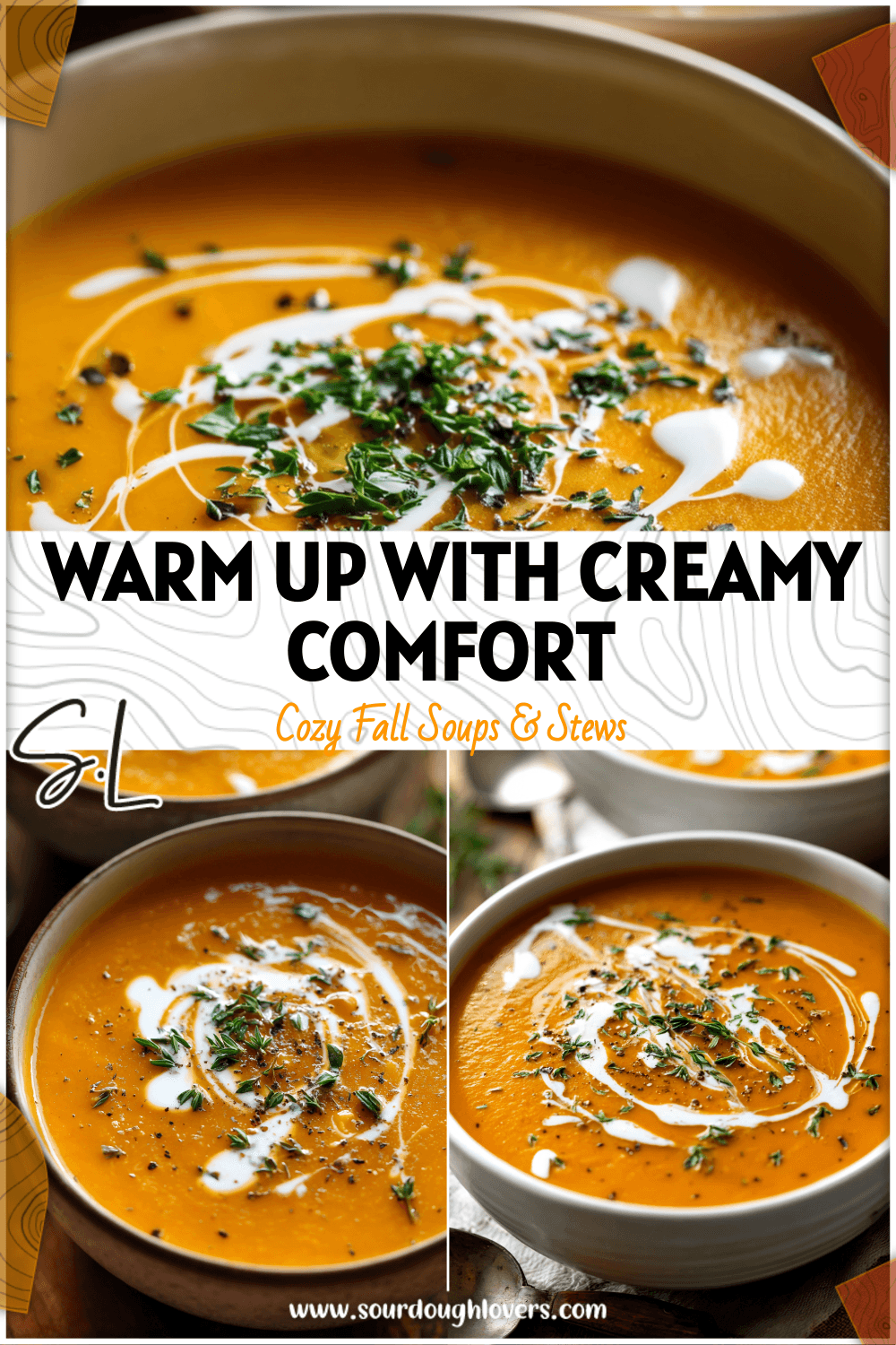 A bowl of creamy butternut soup garnished with herbs and drizzled cream for a cozy presentation.